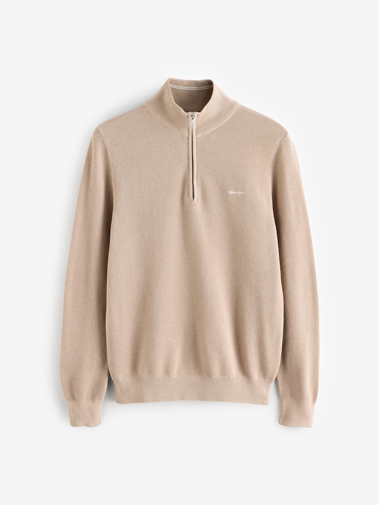 GANT Beige 100% Cotton Pique Half Zip Jumper - Image 4 of 4
