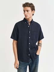 GANT Navy 100% Cotton Regular Fit Short Sleeve Garment Dyed Linen Shirt - Image 1 of 5