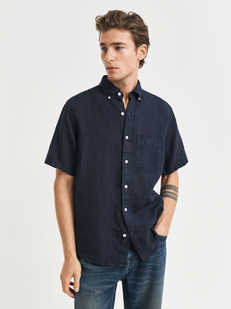 GANT Navy 100% Cotton Regular Fit Short Sleeve Garment Dyed Linen Shirt - Image 1 of 5