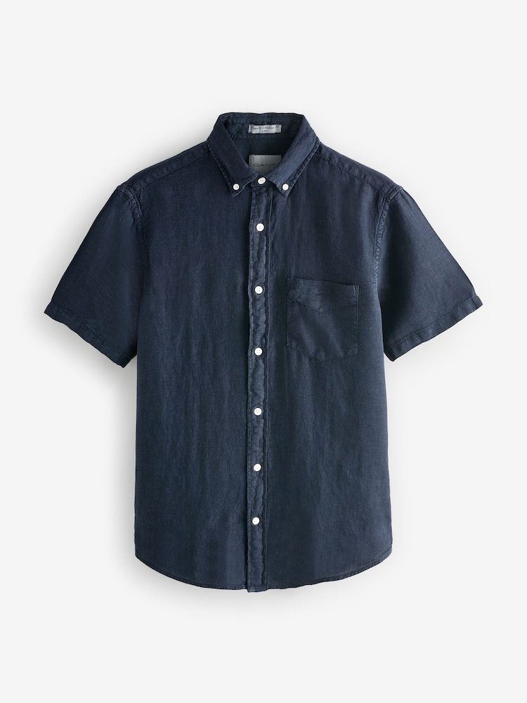 GANT Navy 100% Cotton Regular Fit Short Sleeve Garment Dyed Linen Shirt - Image 5 of 5