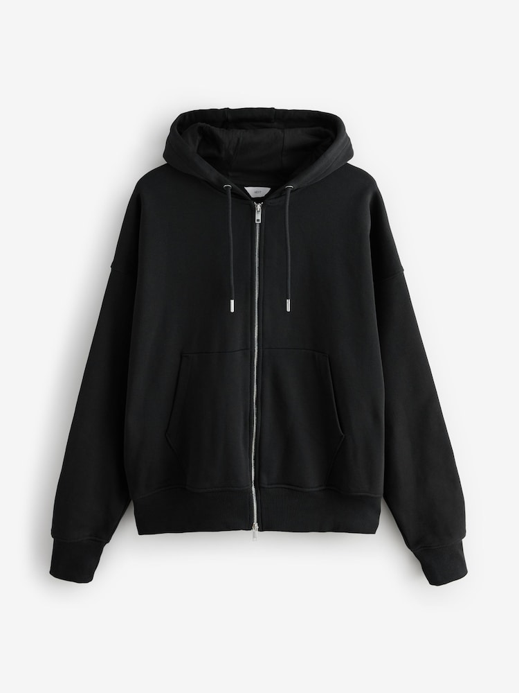 Black Zip Through Heavyweight 100% Cotton Hoodie - Image 1 of 3 Black Zip Through Heavyweight 100% Cotton Hoodie - Image 1 of 3