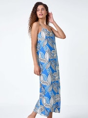 Roman Blue Tropical Leaf Print Midi Dress - Image 1 of 5