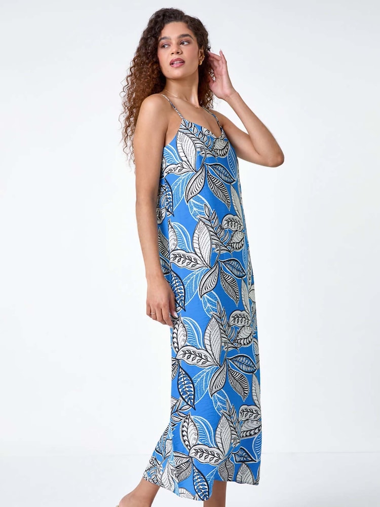Roman Blue Tropical Leaf Print Midi Dress - Image 1 of 5