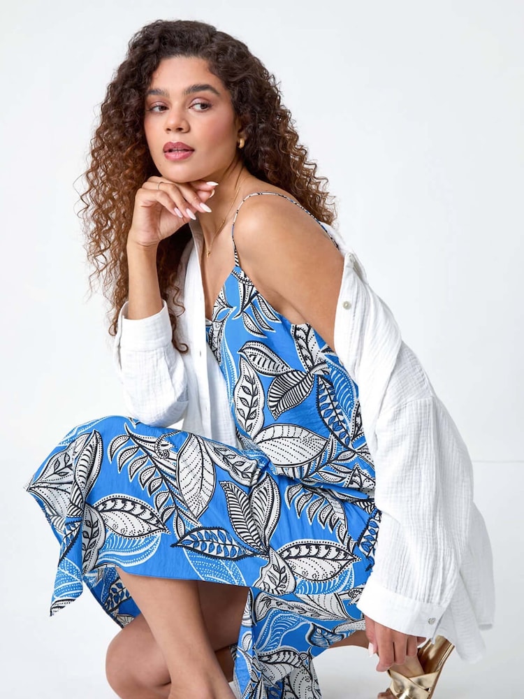 Roman Blue Tropical Leaf Print Midi Dress - Image 2 of 5
