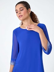 Roman Blue Sparkle Embellished Cuff Chiffon Top - Image 1 of 5