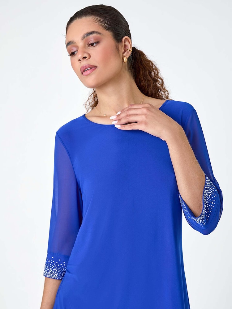 Roman Blue Sparkle Embellished Cuff Chiffon Top - Image 1 of 5
