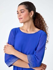 Roman Blue Sparkle Embellished Cuff Chiffon Top - Image 2 of 5