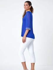 Roman Blue Sparkle Embellished Cuff Chiffon Top - Image 3 of 5