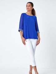 Roman Blue Sparkle Embellished Cuff Chiffon Top - Image 4 of 5