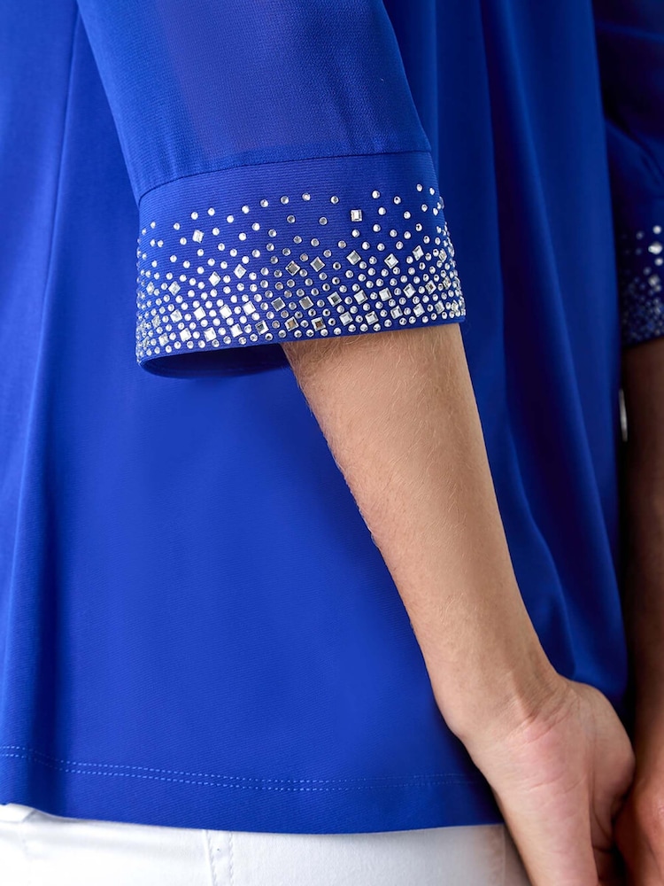 Roman Blue Sparkle Embellished Cuff Chiffon Top - Image 5 of 5