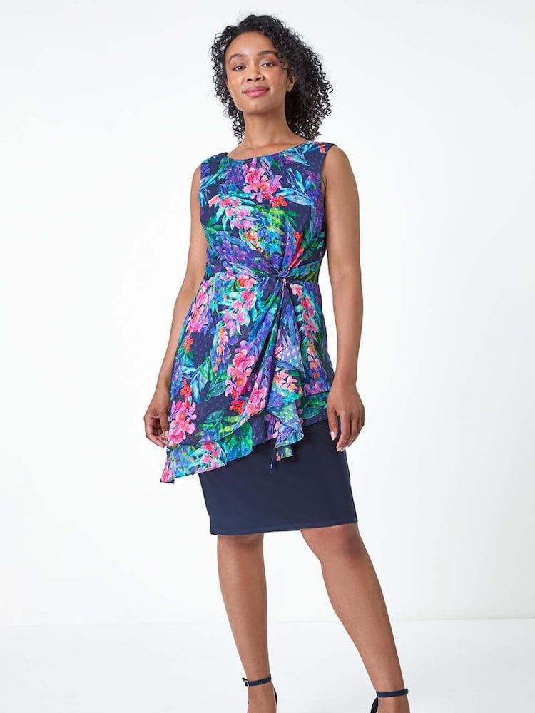 Roman Blue Petite Tropical Asymmetric Frill Dress - Image 1 of 5