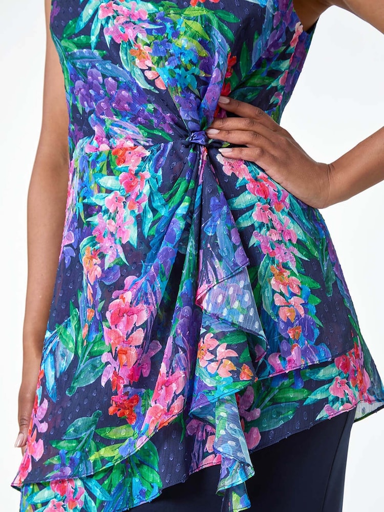 Roman Blue Petite Tropical Asymmetric Frill Dress - Image 5 of 5