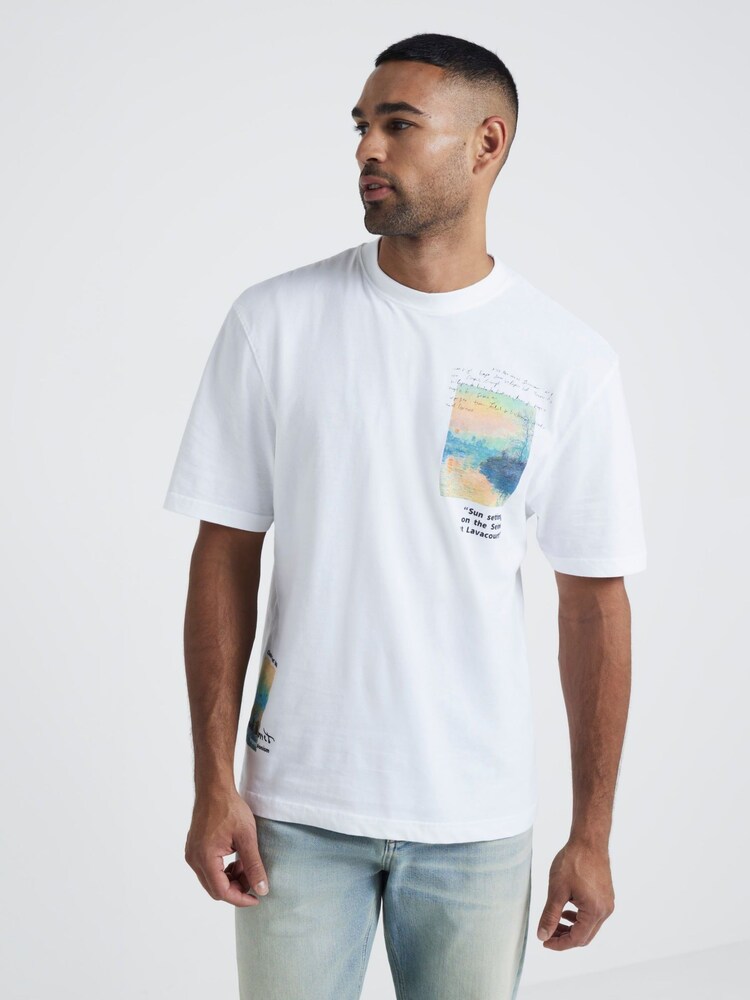 River Island White Regular Fit Monet Setting 100% Cotton T-Shirt - Image 1 of 4 River Island White Regular Fit Monet Setting 100% Cotton T-Shirt - Image 1 of 4