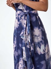 Roman Blue Petite Floral Print Frill Midi Dress - Image 5 of 5
