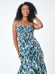 Roman Blue Petite 100% Cotton Strappy Shirred Dress - Image 1 of 5