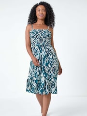 Roman Blue Petite 100% Cotton Strappy Shirred Dress - Image 2 of 5