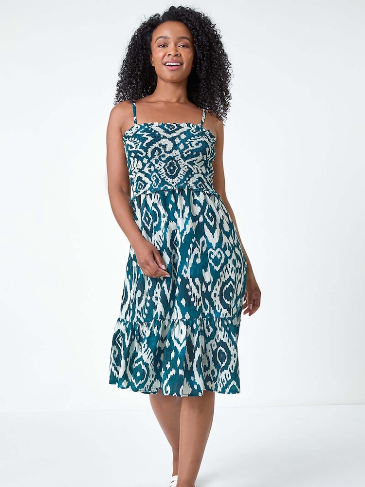 Roman Blue Petite 100% Cotton Strappy Shirred Dress - Image 2 of 5 Roman Blue Petite 100% Cotton Strappy Shirred Dress - Image 2 of 5