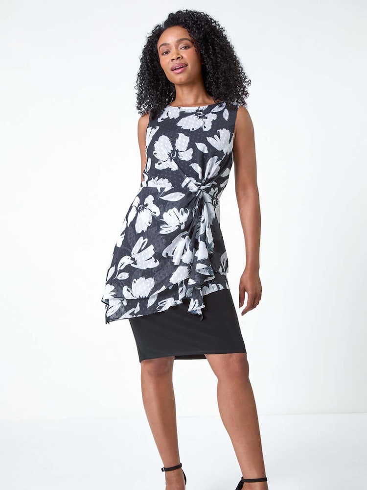 Roman Black Petite Floral Asymmetric Frill Dress - Image 2 of 5