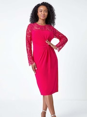 Roman Pink Petite Lace Detail Knot Front Stretch Dress - Image 1 of 5