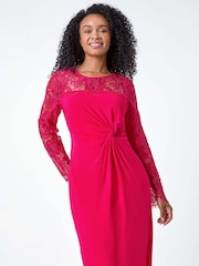 Roman Pink Petite Lace Detail Knot Front Stretch Dress - Image 2 of 5