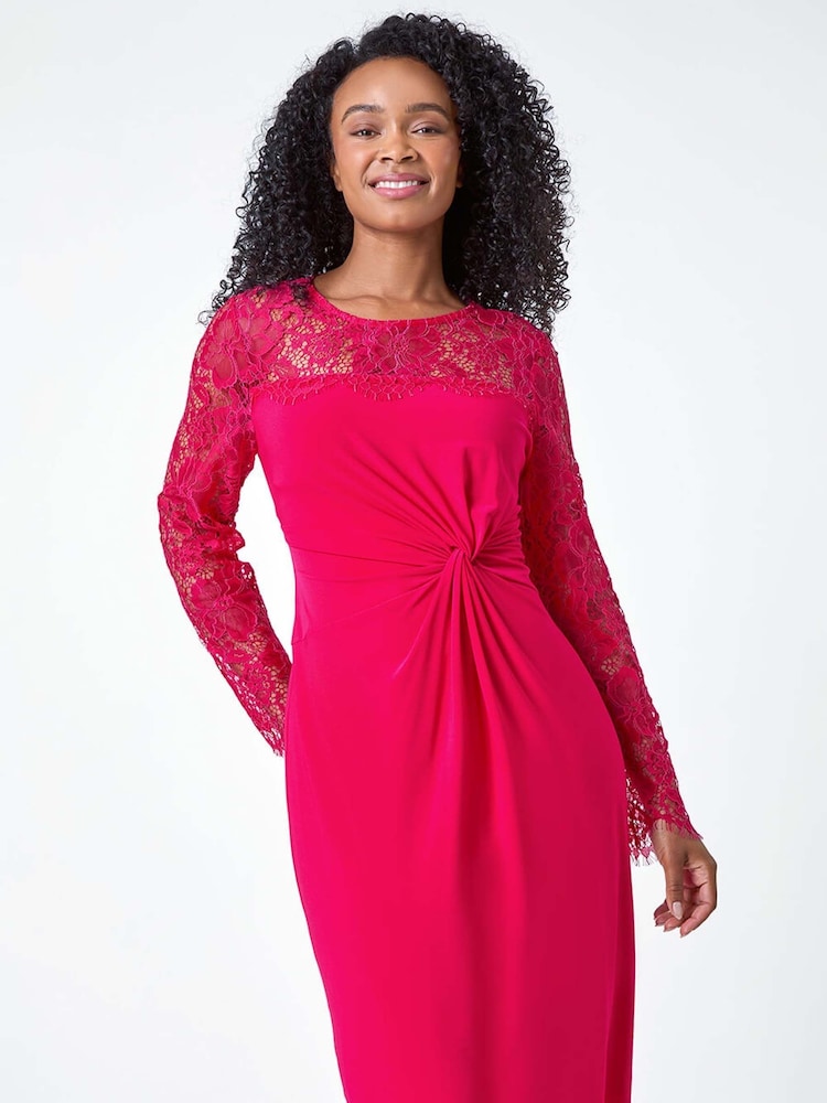 Roman Pink Petite Lace Detail Knot Front Stretch Dress - Image 2 of 5