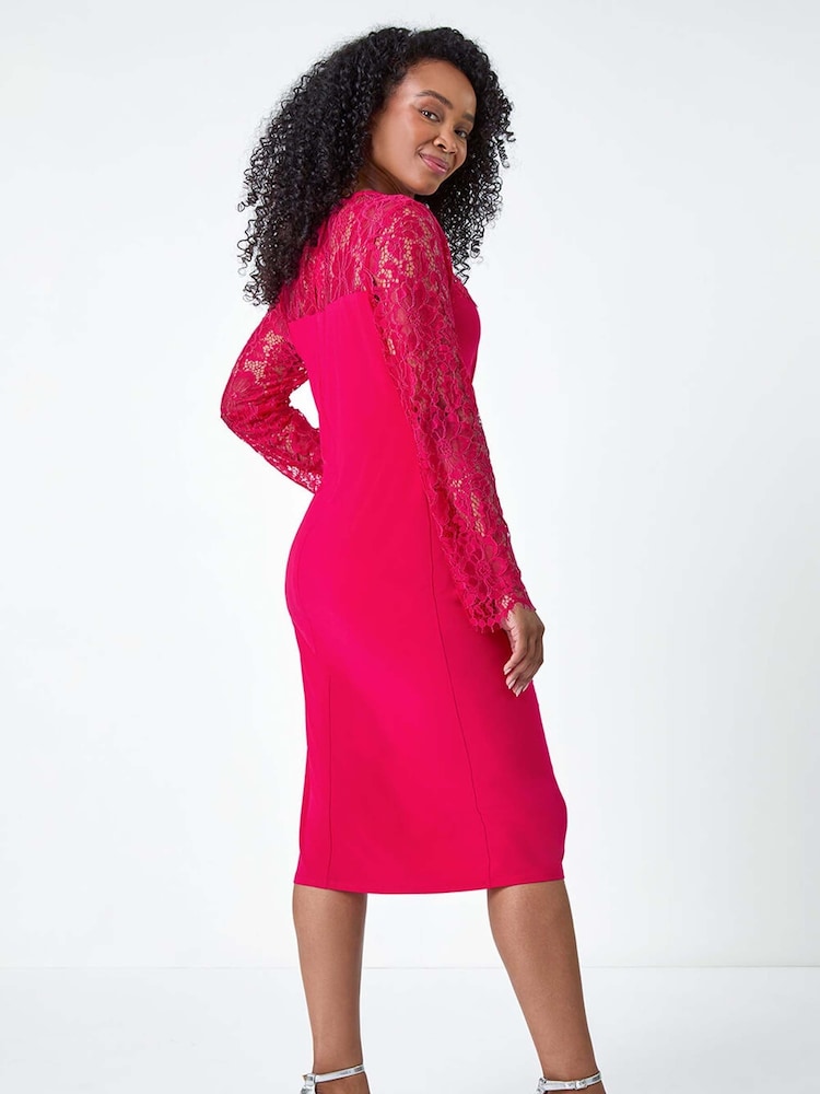 Roman Pink Petite Lace Detail Knot Front Stretch Dress - Image 3 of 5