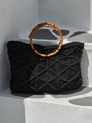 Sosandar Black Macrame Bamboo Hoop Handle Tote Bag - Image 1 of 3