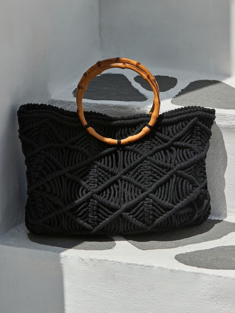 Sosandar Black Macrame Bamboo Hoop Handle Tote Bag - Image 1 of 3