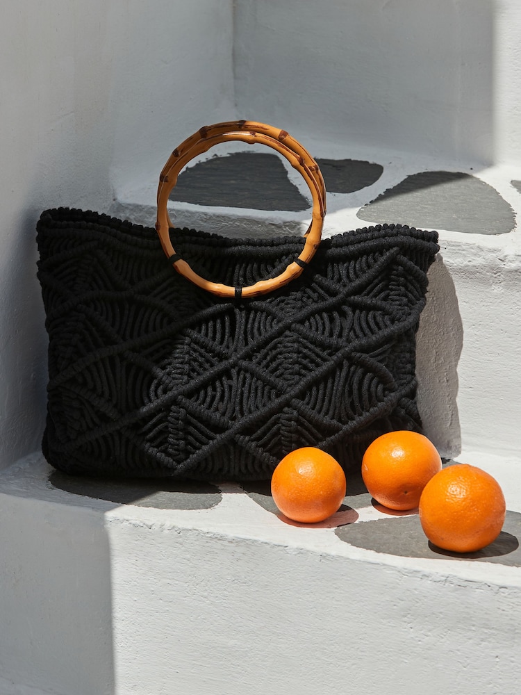 Sosandar Black Macrame Bamboo Hoop Handle Tote Bag - Image 2 of 3