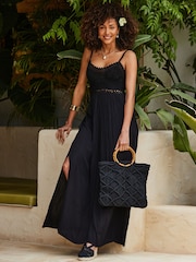 Sosandar Black Macrame Bamboo Hoop Handle Tote Bag - Image 3 of 3