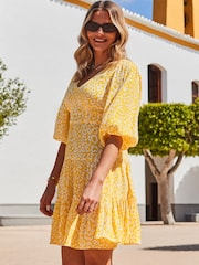 Sosandar Yellow Animal Print Tiered Hem Dress - Image 3 of 5
