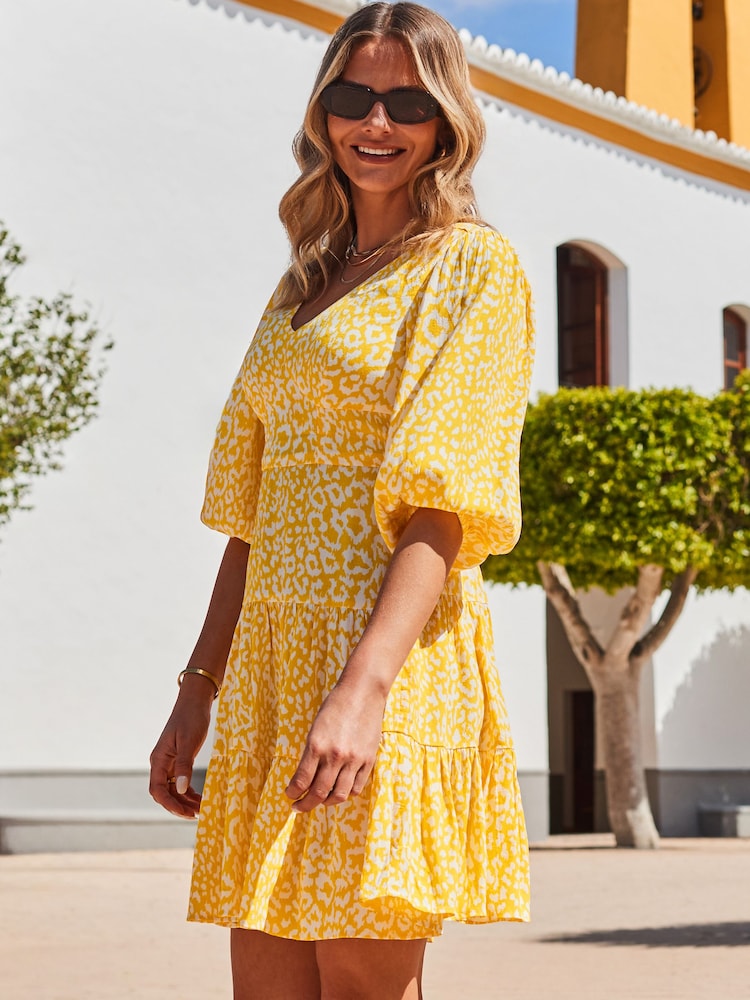 Sosandar Yellow Animal Print Tiered Hem Dress - Image 3 of 5