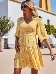 Sosandar Yellow Animal Print Tiered Hem Dress - Image 4 of 5