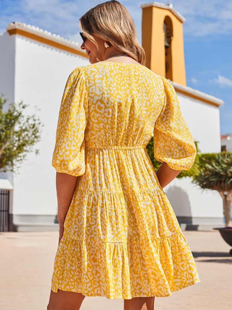 Sosandar Yellow Animal Print Tiered Hem Dress - Image 5 of 5