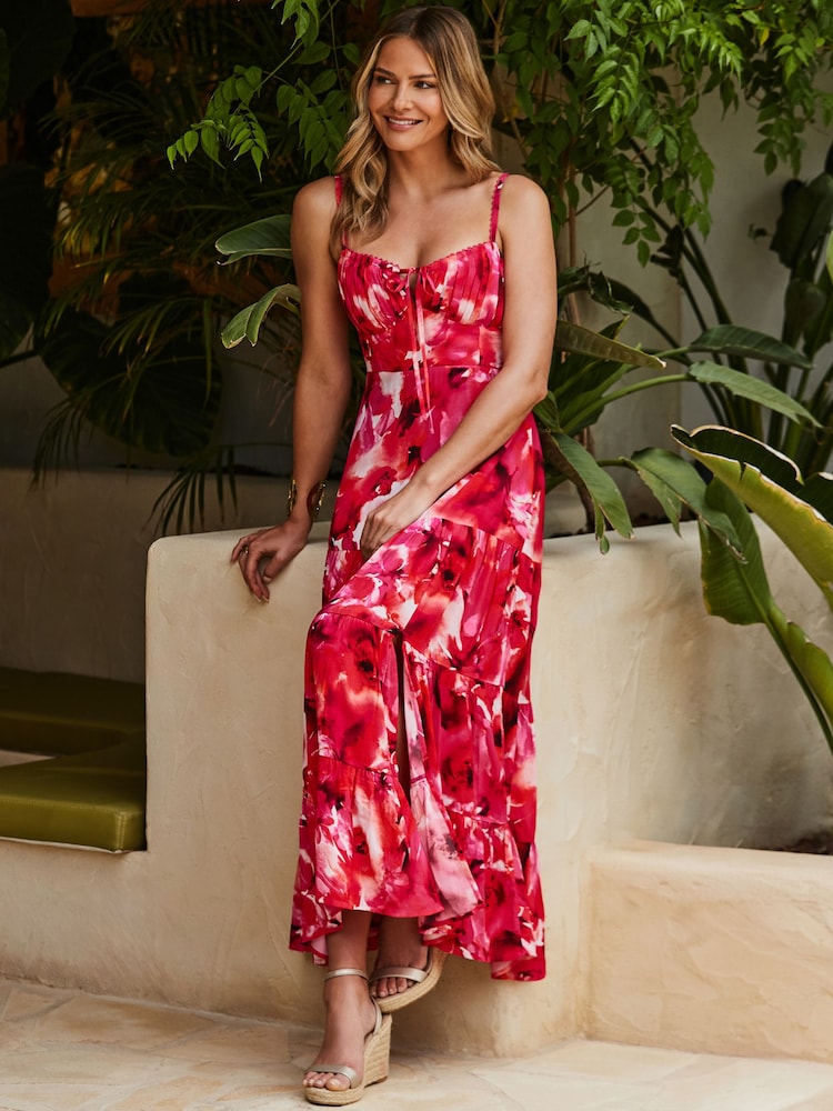 Sosandar Pink Floral Print Corset Detail Maxi Dress - Image 2 of 5