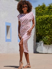 Sosandar Pink Stripe Print Twist Detail Dress - Image 5 of 5