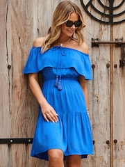 Sosandar Blue Frill Detail Bardot Dress - Image 5 of 5