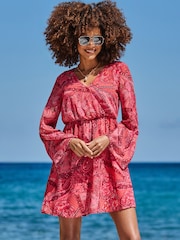 Sosandar Pink Paisley Print Fluted Sleeve Wrap Dress - Image 1 of 5