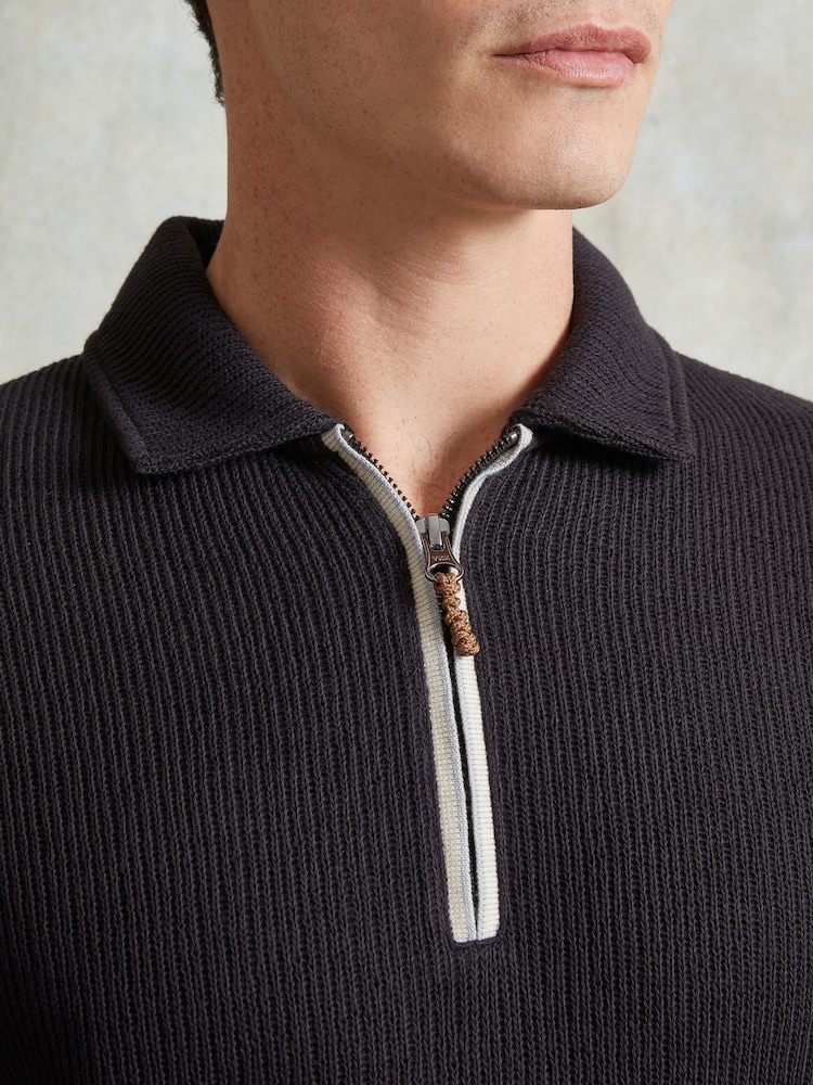 Ten Paces Black Zip Neck Midweight Ribbed Knit 100% Cotton Regular Fit Polo Shirt - Image 4 of 6
