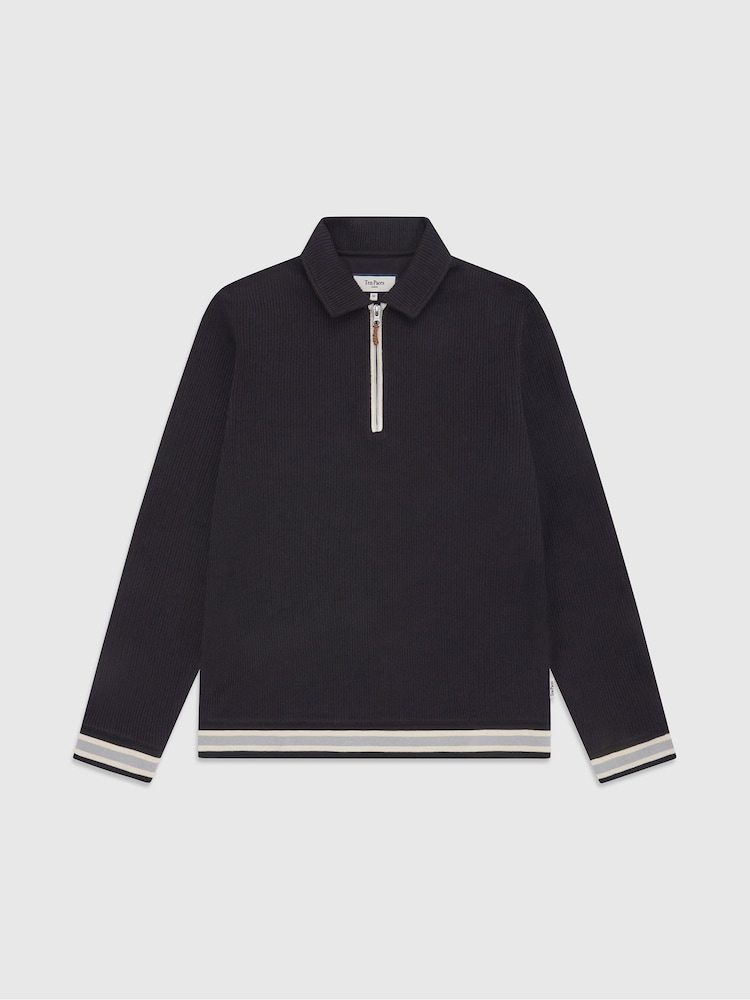 Ten Paces Black Zip Neck Midweight Ribbed Knit 100% Cotton Regular Fit Polo Shirt - Image 6 of 6