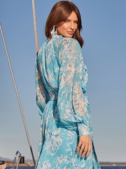 Sosandar Blue Metallic Floral Print Sheer Sleeve Shirt Dress - Image 5 of 5