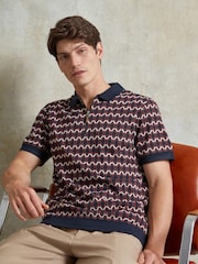 Ten Paces Navy Knitted Jacquard Regular Fit Zip neck Polo Shirt - Image 2 of 7