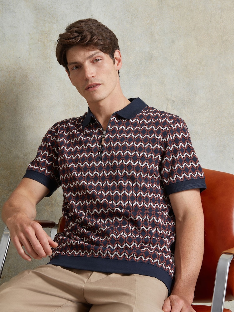 Ten Paces Navy Knitted Jacquard Regular Fit Zip neck Polo Shirt - Image 2 of 7