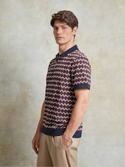 Ten Paces Navy Knitted Jacquard Regular Fit Zip neck Polo Shirt - Image 3 of 7
