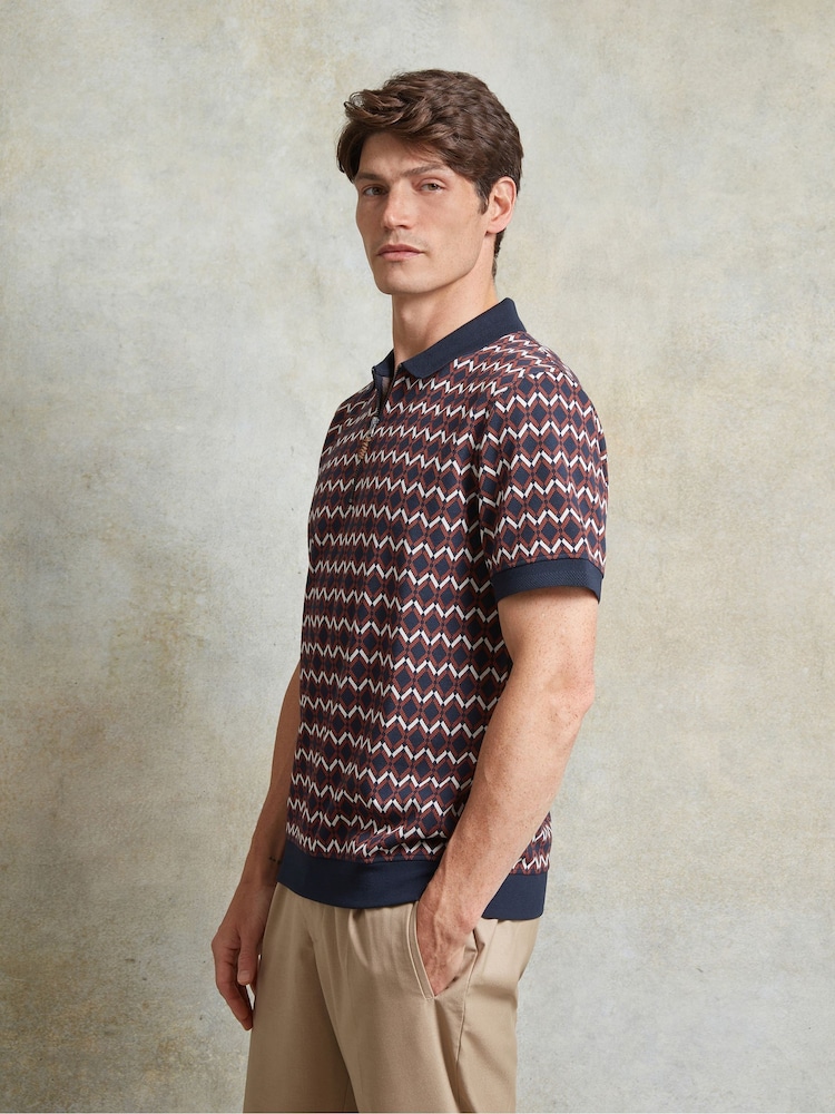 Ten Paces Navy Knitted Jacquard Regular Fit Zip neck Polo Shirt - Image 3 of 7
