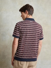 Ten Paces Navy Knitted Jacquard Regular Fit Zip neck Polo Shirt - Image 4 of 7