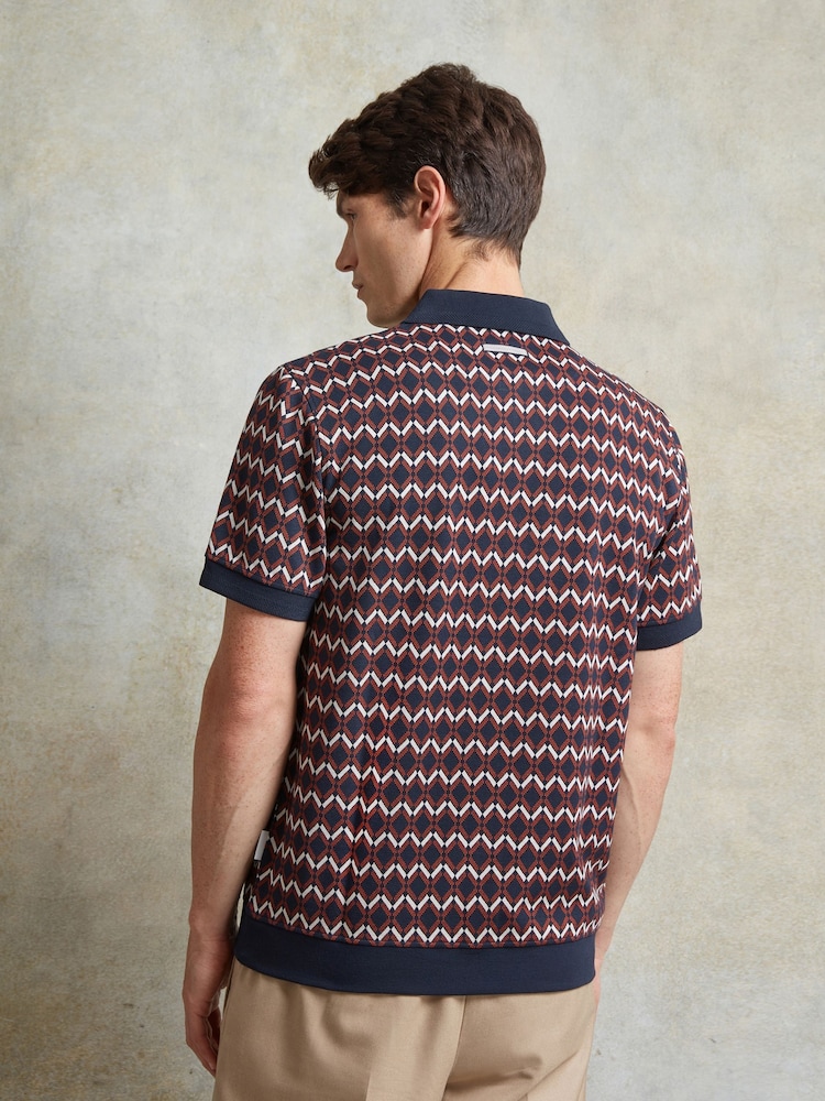 Ten Paces Navy Knitted Jacquard Regular Fit Zip neck Polo Shirt - Image 4 of 7