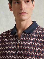 Ten Paces Navy Knitted Jacquard Regular Fit Zip neck Polo Shirt - Image 5 of 7