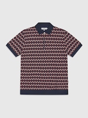 Ten Paces Navy Knitted Jacquard Regular Fit Zip neck Polo Shirt - Image 7 of 7