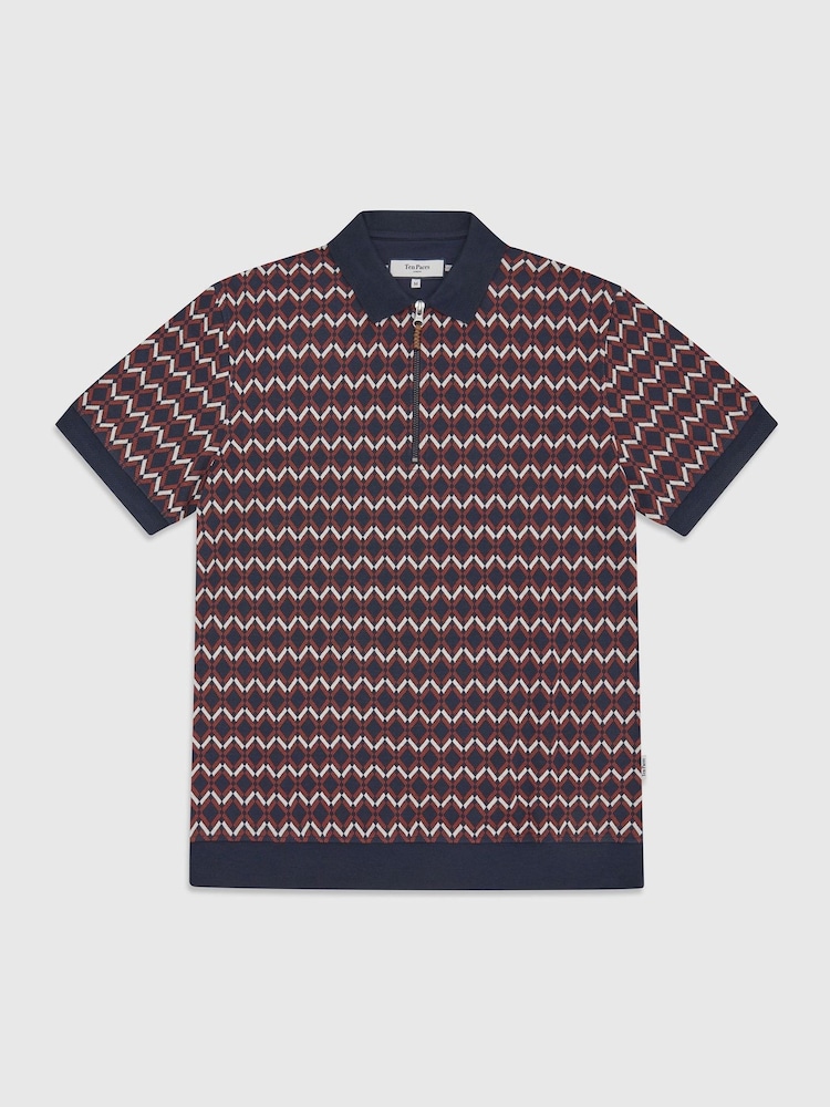 Ten Paces Navy Knitted Jacquard Regular Fit Zip neck Polo Shirt - Image 7 of 7